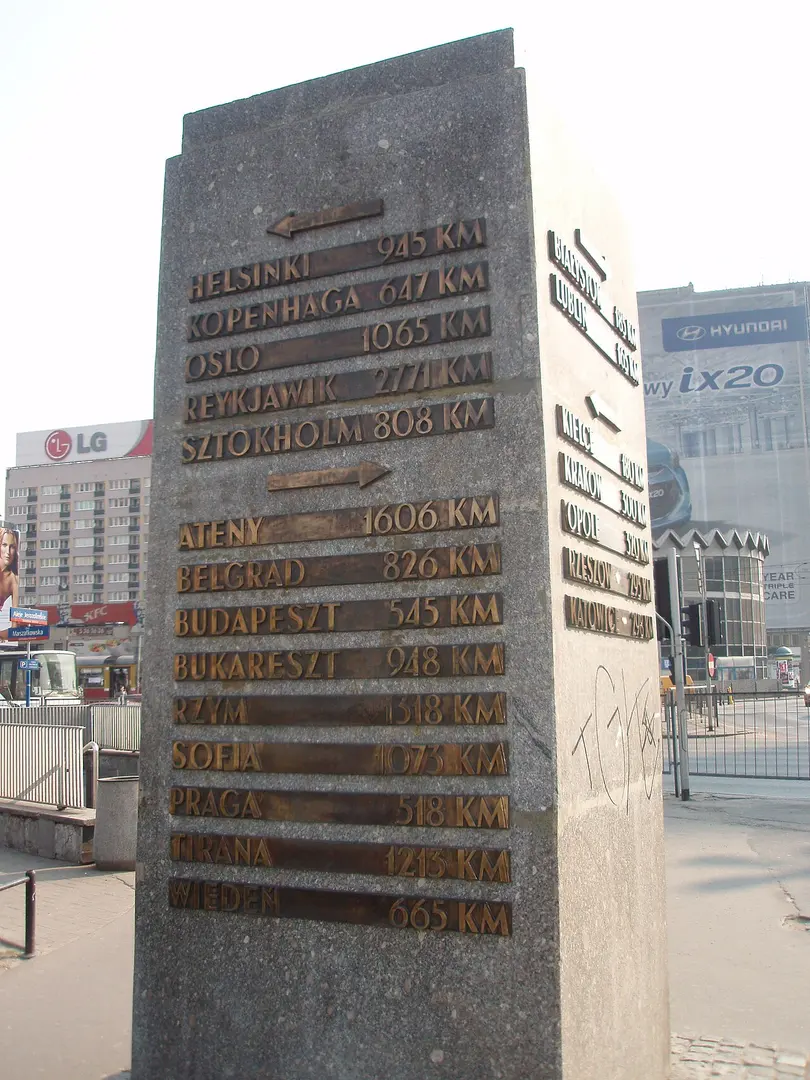 Kilometer pole in Warsaw